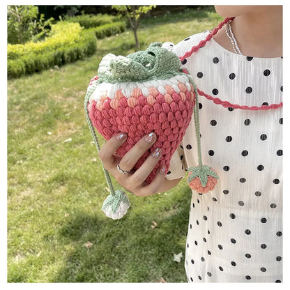 Lindo bolso pequeño de verano tejido con fresas, bolso bandolera pequeño tipo cubo para niñas