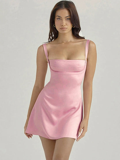 Robe d'anniversaire pour femme, robe trapèze rose, sexy, en satin, robe de soirée, mini, décontractée, bretelles spaghetti, robe de remise de diplôme, extensible