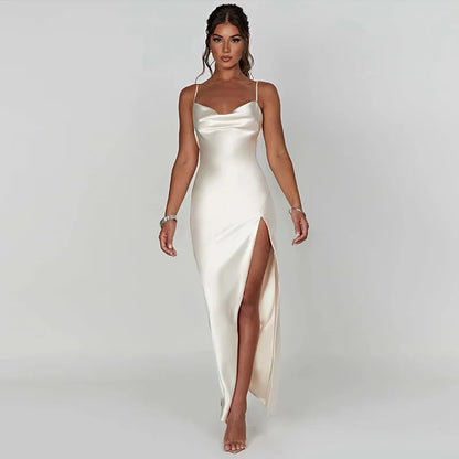 Dulzura Vestido largo de satén con tirantes y espalda descubierta y cordones para mujer, con aberturas laterales, ajustado, sexy, para fiestas, cumpleaños, trajes de noche, verano