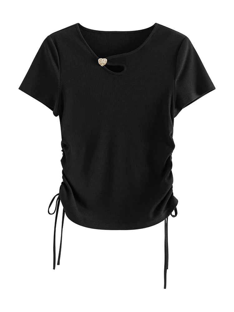 FSLE Neckline Hollow Out Design Women Black Slim Front Shoulder T-Shirts Side Drawstring Short Solid Thin Fit T-shirt 24FS12183