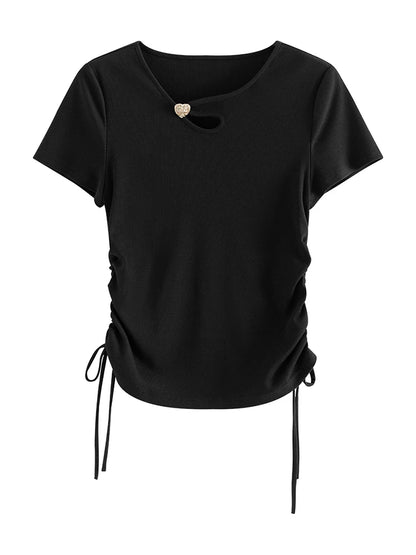 FSLE Neckline Hollow Out Design Women Black Slim Front Shoulder T-Shirts Side Drawstring Short Solid Thin Fit T-shirt 24FS12183