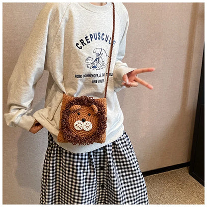 Cute Little Lion Bag For Girls Women's Funny Mobile Phone Coin Purse Winter Knitting Shoulder Crossbody Bag