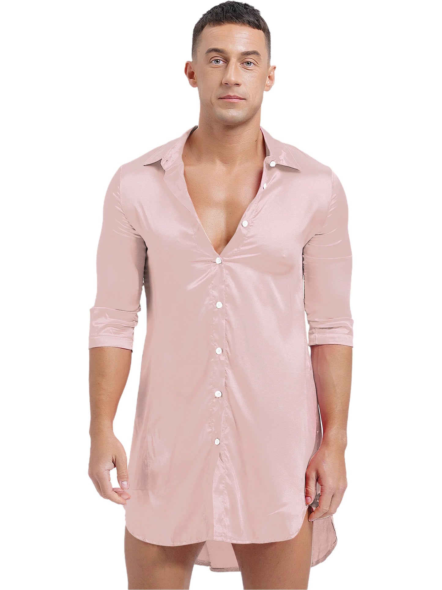 Chemise en satin de soie pour homme Sissy, couleur unie, longue robe portefeuille, peignoir, kimono, chemise de nuit, pyjama, vêtements de nuit, vêtements de détente