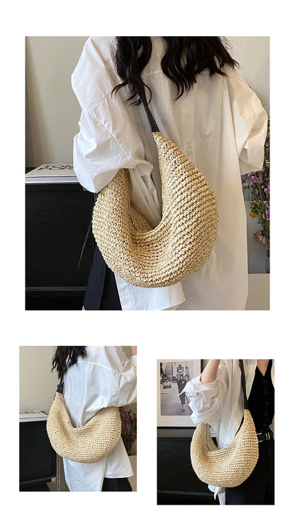 Casual Hobos Straw Women Shoulder Bags Handmade Weave Crossbody Bags Vintage Simple Summer Beach Bag Large Capacity Tote Purses