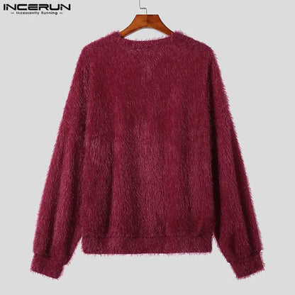 2023 Hommes Pulls Couleur Unie En Peluche O-cou À Manches Longues Mode Décontracté Hommes Vêtements Streetwear Automne Pulls S-5XL INCERUN