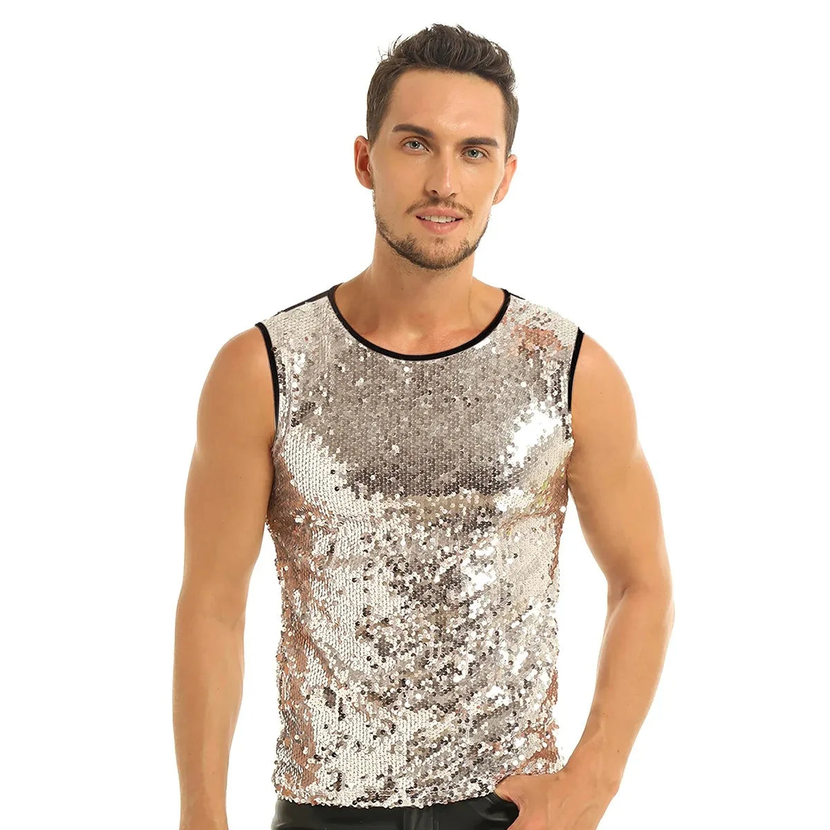 YiZYiF Men's Sequin Tank Top Shiny Crop top Vest Crew Neck Slim Vest Sexy WetLook Tank Top Clubwear Tee Muscle Tank Men Vest Top