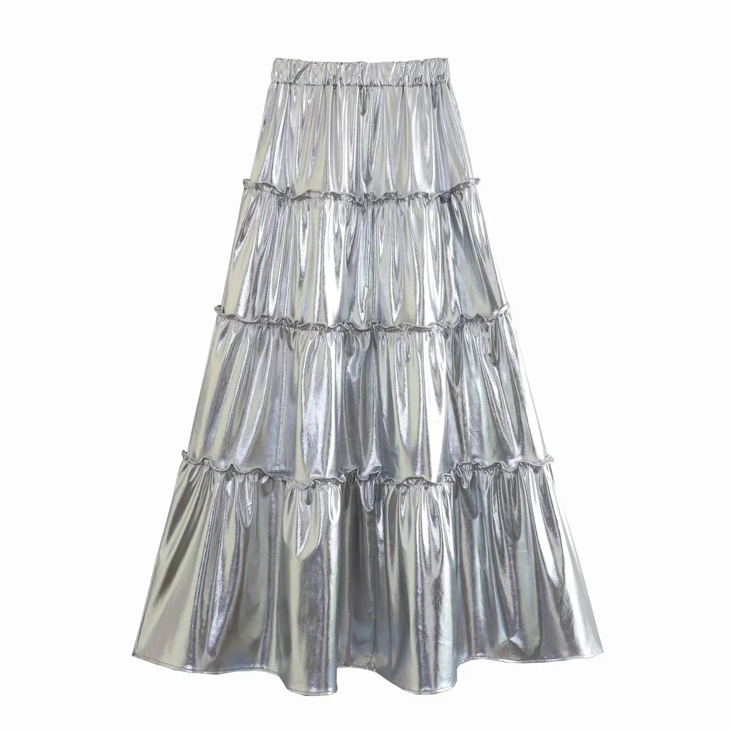 Suninheart Summer 2023 New Women's Silver Metal Texture Medium Length Skirts High Waist A-Line Slim Large Skirt Hem Cake Skirt