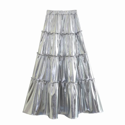 Suninheart Summer 2023 New Women's Silver Metal Texture Medium Length Skirts High Waist A-Line Slim Large Skirt Hem Cake Skirt