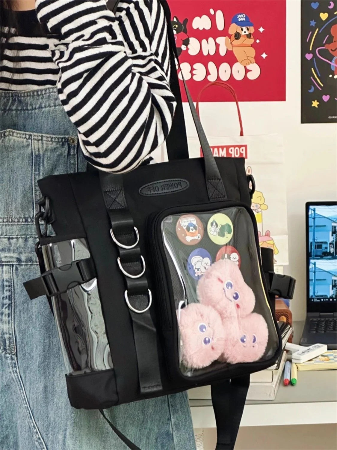 Bolso de hombro de nailon para estudiantes universitarios, tipo Itabag japonés kawaii, hecho a mano, con insignias, tipo placa de exhibición, bolsos de mano y bandoleras JK