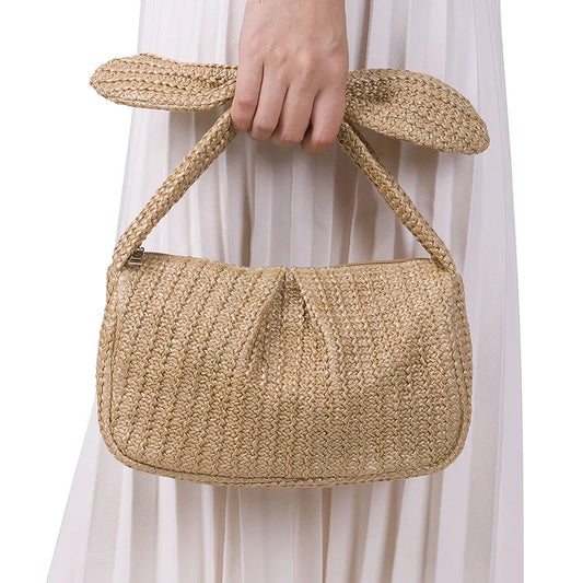 Lindo bolso de paja con asa de lazo, tejido informal, bolsos de mujer, bolsos de playa casuales de verano, bolsos de mano tipo hobo para vacaciones y fiestas 2024