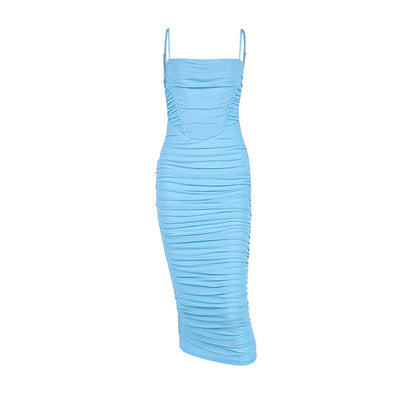 Suninheart High-quality Solid Color Blue Mesh Dress 2023 New Sexy Fishbone Pleats Open Backpack Hip Strap sexy Dress