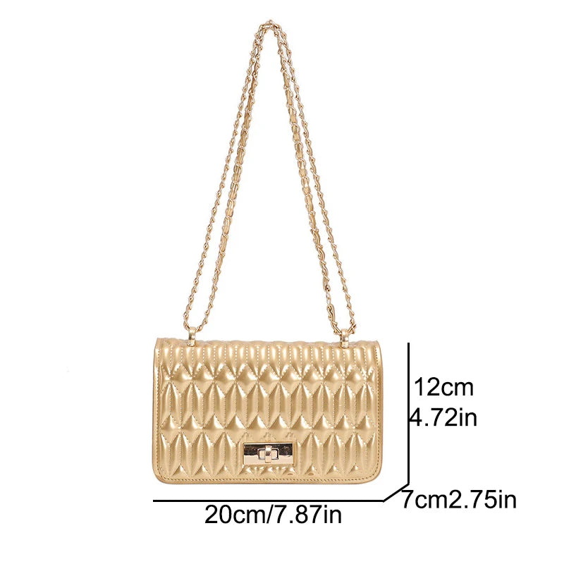 Bolso bandolera acolchado fruncido de moda con cadenas cuadradas para mujer, bolsos de hombro dorados y plateados, bolsos pequeños con solapa 2024