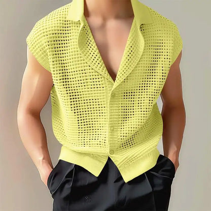 Chemise pour homme 2024, ajourée, maille transparente, solide, revers, sans manches, vêtements d'été pour hommes, streetwear, gilets décontractés, chemises INCERUN