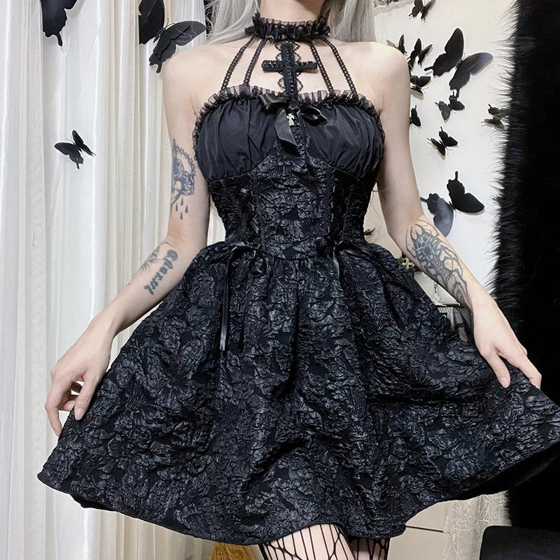 Goth Dark Mall Gothic Emo Jacquard A-line Dresses Elegant Grunge Ruched Bandage Partywear Punk Black Women Halloween Club Dress