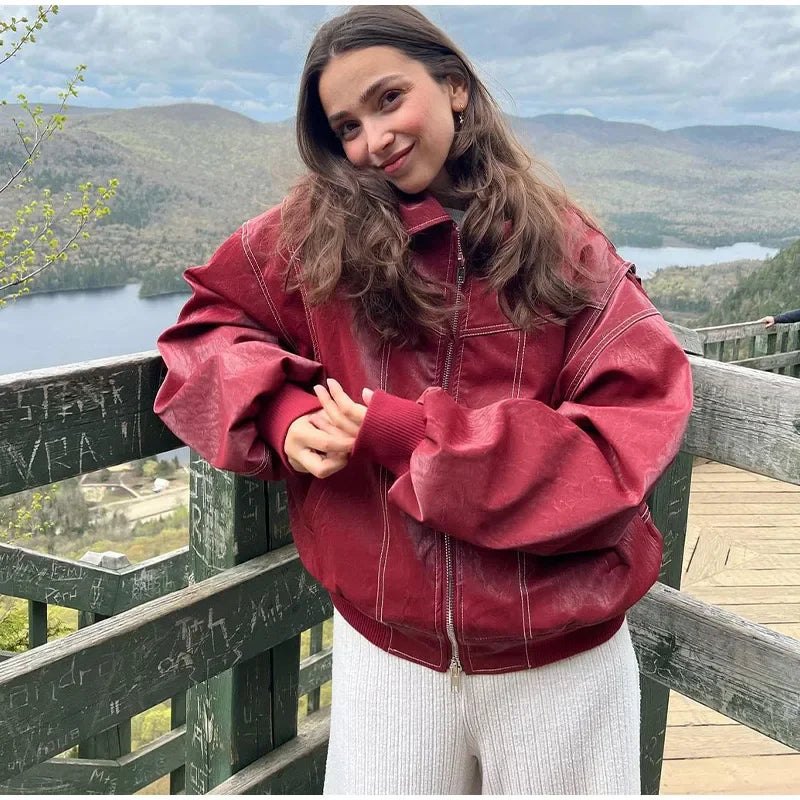 Chaquetas bomber de cuero con cremallera para mujer, abrigos casuales a rayas, elegantes, con solapa, holgadas, de manga larga, para motocicleta, otoño 2024