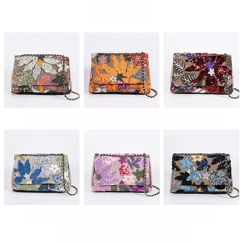 Fashion Sequins Embroidery Flap Women Shoulder Bags Chains Random Floral Pattern Crossbody Bag Casual Summer Beach Underarm Bag