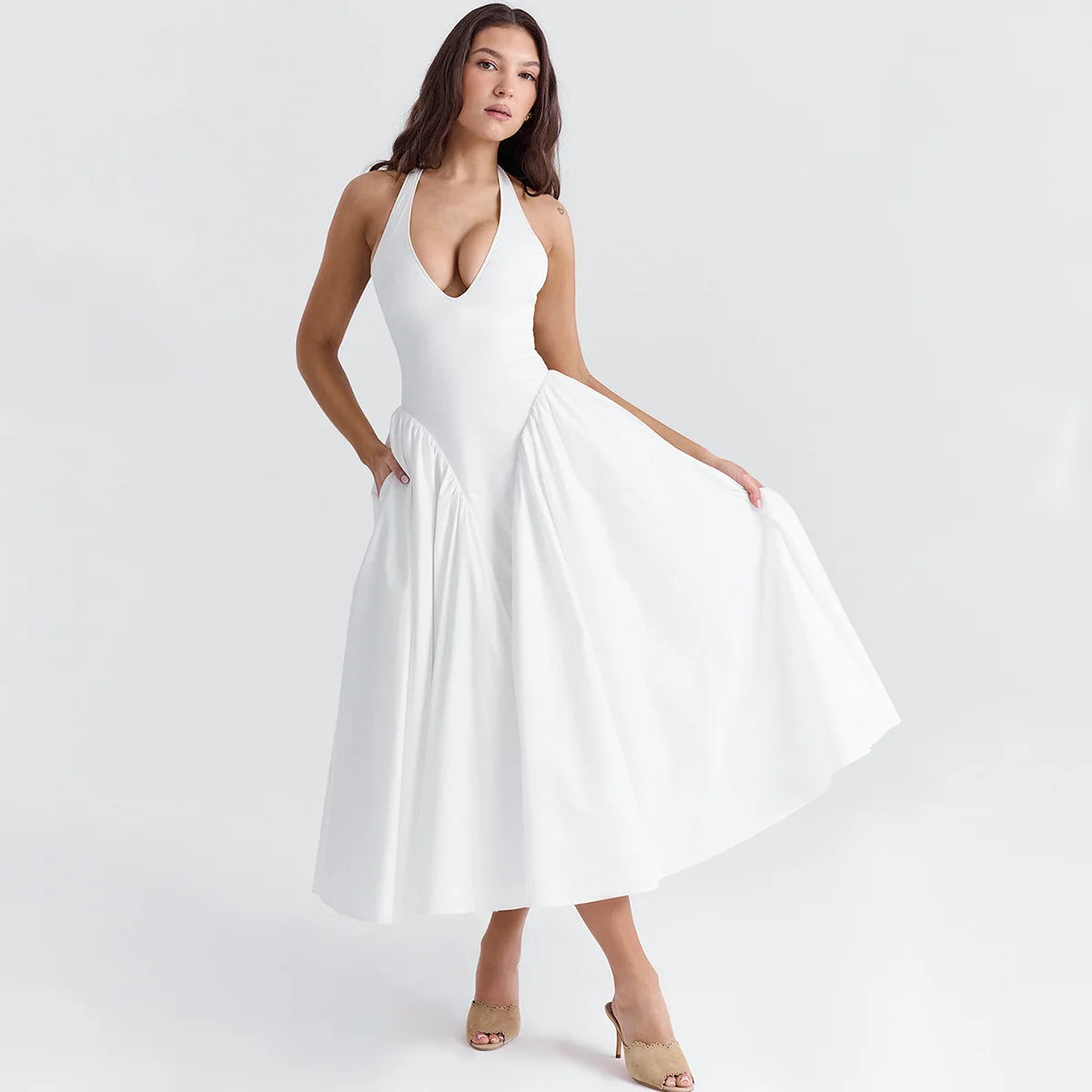 Suninheart Summer Maxi Dresses for Women 2024 New in Halter White Party Dresses Sexy Casual Backless Long Dresses Flare Bottom