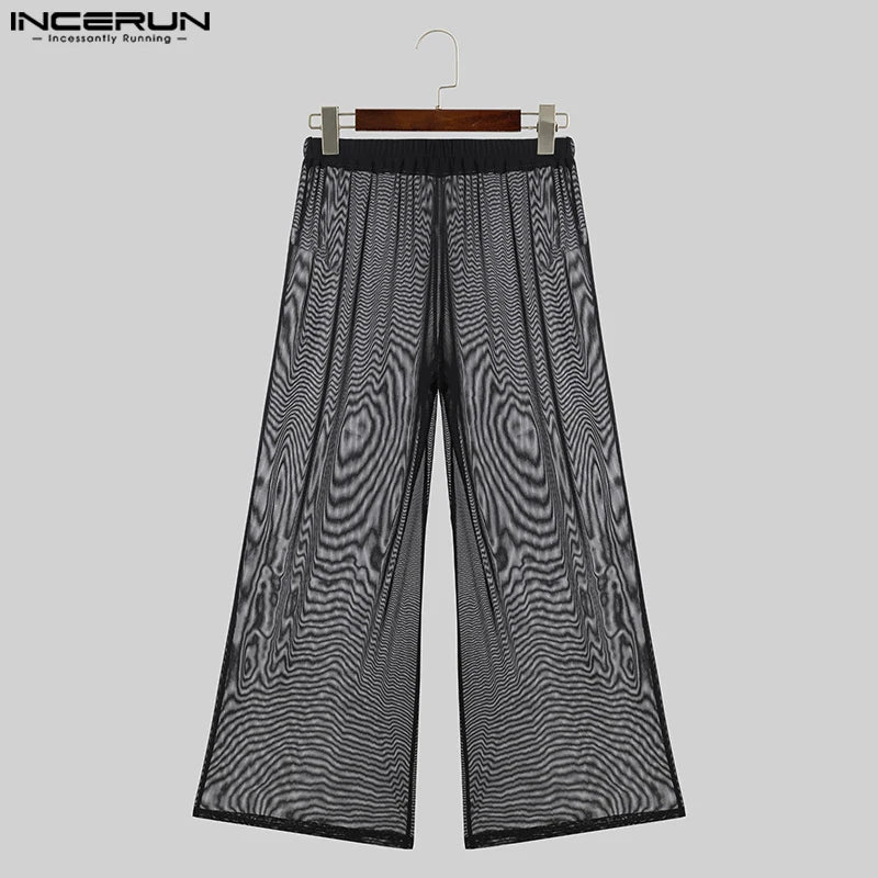 Pantalon large en maille transparente pour homme, taille élastique ample, streetwear, sexy, couleur unie, mode, 2024