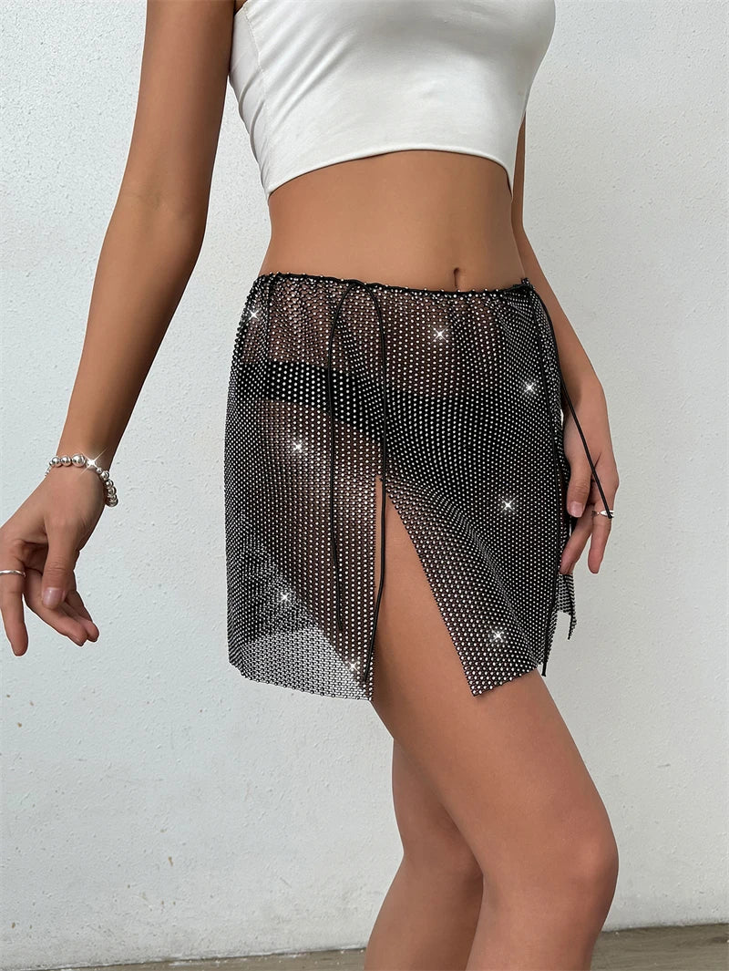 Jupe mini sexy transparente en strass pour femme, jupe crayon fendue brillante pour la plage et les fêtes, vêtements de festival, été, 2024