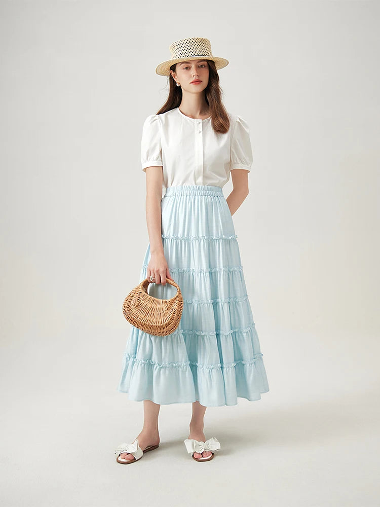 FSLE Women White Long Cake Skirt High Waist Elastic Waist Summer New Light Blue Long A-LINE Skirts Sweet Bottom 24FS12467