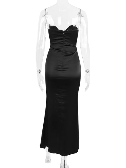 Suninheart - Vestido largo de sirena sin tirantes para mujer, ropa de fiesta, elegante vestido de cóctel negro de doble capa 2023