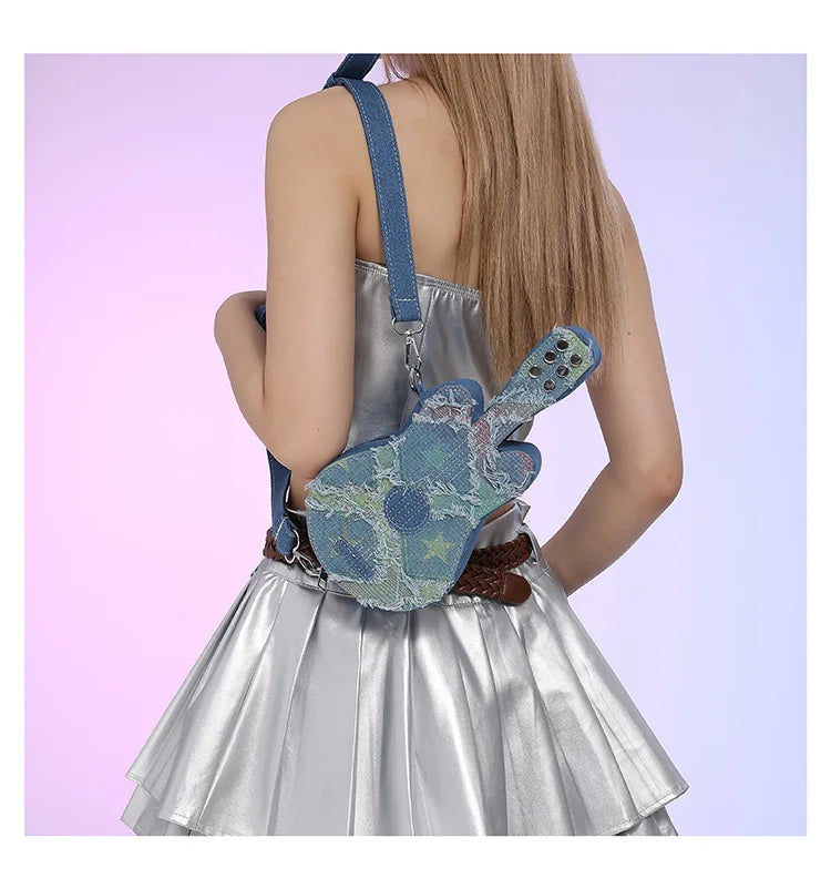 Cute guitar bag women's crossbody bag fashion denim shoulder bag creative phone bag for women