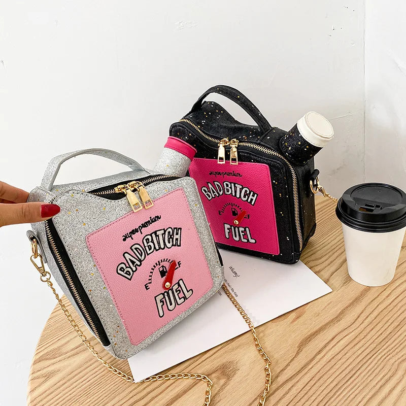 Fashion Personality Laser Sequin Embroidery Letter Oil Pot Bag Creativity Funny Chain Shoulder Bag Women Cute Messenger Bag