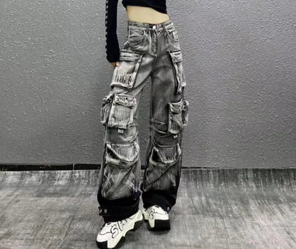 DEAT Fashion Women's Jeans High Waist Multiple Pockets Water Wash Gradient Streetwear Denim Cargo Pants Spring 2024 New 7AB3332