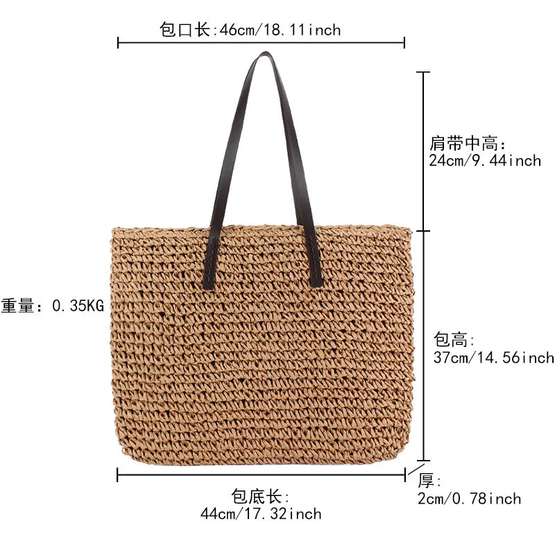 Bolso de mano informal tejido con hierba de gran capacidad para mujer, bolso de mano tipo bandolera para hombro, bolsos de playa populares y de moda 2024