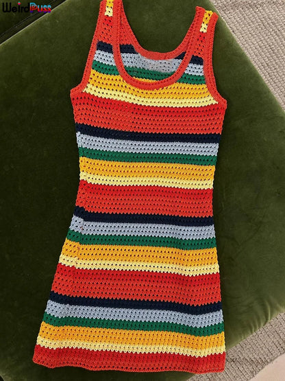 Vestido de mujer de crochet con rayas de gatito extraño, tirantes gruesos, sin mangas, ajustado, muy elástico, moda de verano, ropa de calle, fiesta, Y2K, ceñido al cuerpo