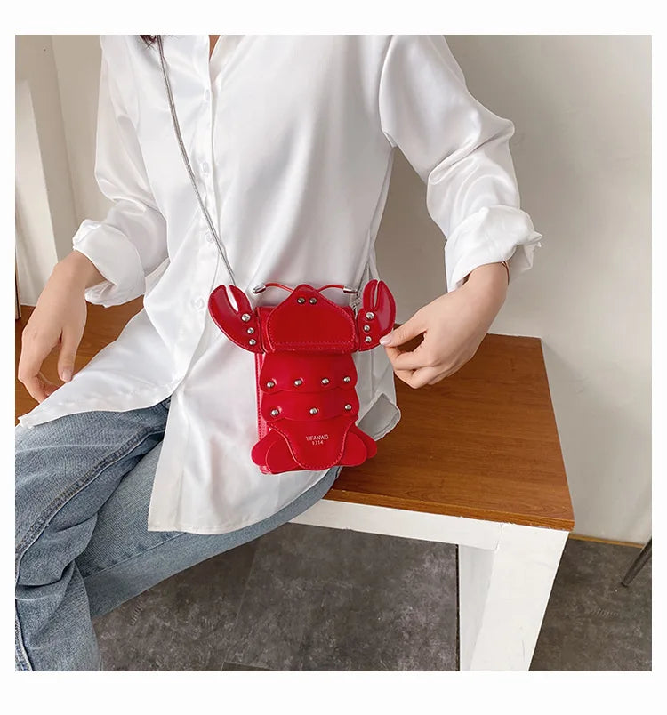 Funny Crayfish Shape Pu Shoulder Bag For Women Summer Red Phone Bag Girls' Chain Small Crossbody Bag