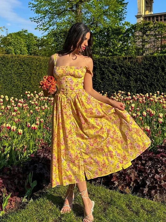 Suninheart Summer Elegant Floral Print Midi Holiday Dress with Pocket Yellow Back Lace Up Party Dresses Casual Women Dress 2023