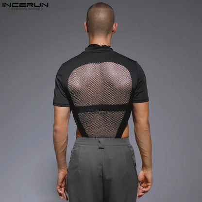 2023 Monos para hombre de malla de retazos transparentes con agujeros, monos de cuello redondo de manga corta, mono sexy de moda para hombre S-3XL INCERUN