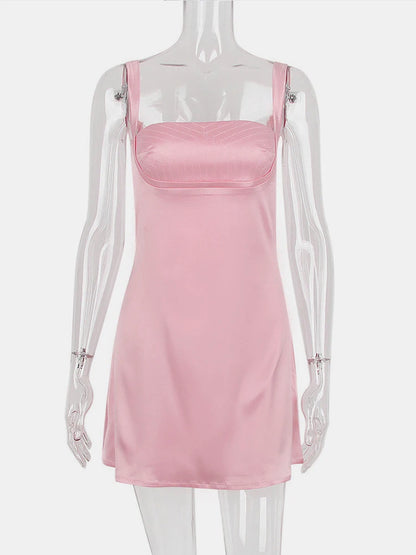 Robe d'anniversaire pour femme, robe trapèze rose, sexy, en satin, robe de soirée, mini, décontractée, bretelles spaghetti, robe de remise de diplôme, extensible