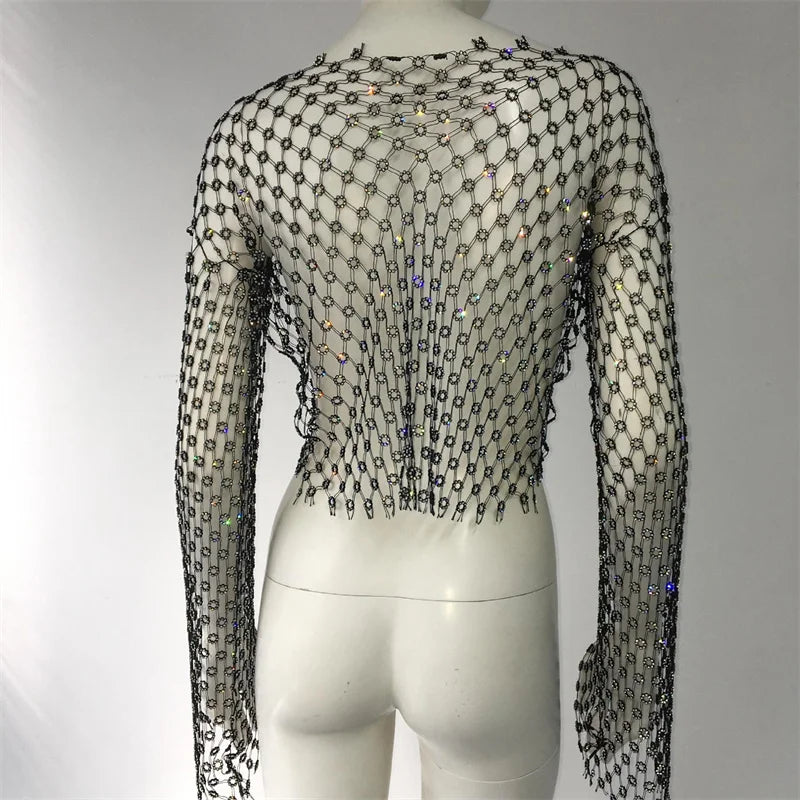 Camiseta de malla transparente con diamantes para mujer, remera holgada de manga larga con rejilla ahuecada y diamantes de imitación para fiesta en la playa