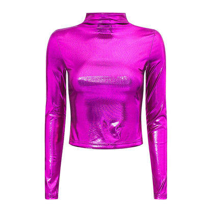 Womens y2k T-shirt 2024 Fashion Shiny Metallic Long Sleeve Mock Neck Slim Fit Tops Disco Party Clubwear Streetwear Popular Cloth