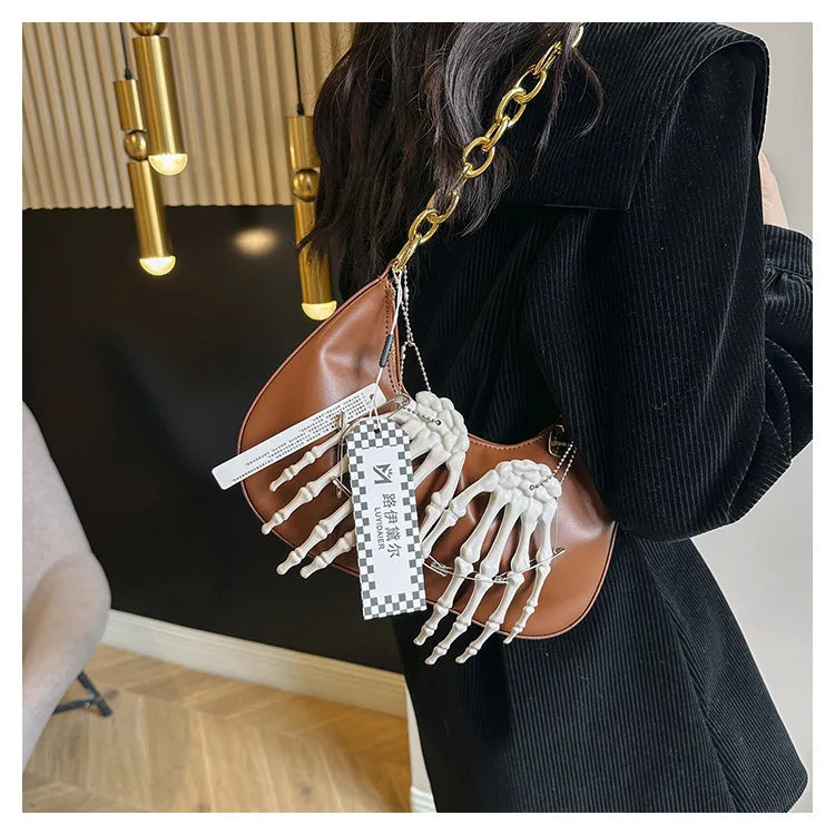 Bolso bandolera estilo punk con cadena para chica cool 3d Mano Scheletrica, bolso bandolera estilo Y2k vintage para mujer 2024