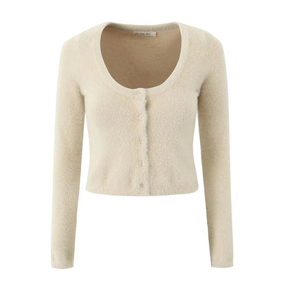 Suninheart Autumn Sexy Mohair Cardigan Women Fashion Vintage Knit Cropped Sweaters Casual Long Sleeve Button Up Crochet Top