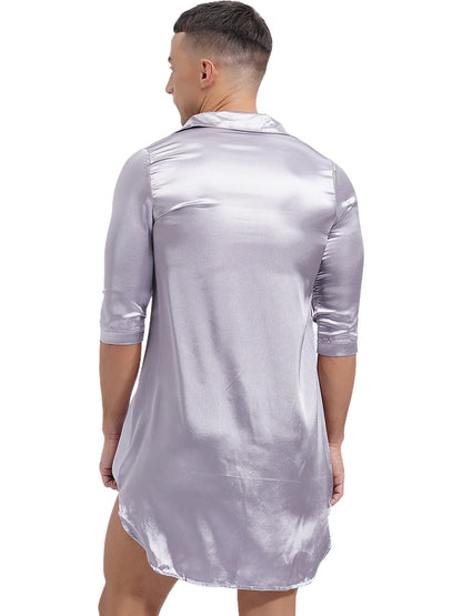 Chemise en satin de soie pour homme Sissy, couleur unie, longue robe portefeuille, peignoir, kimono, chemise de nuit, pyjama, vêtements de nuit, vêtements de détente