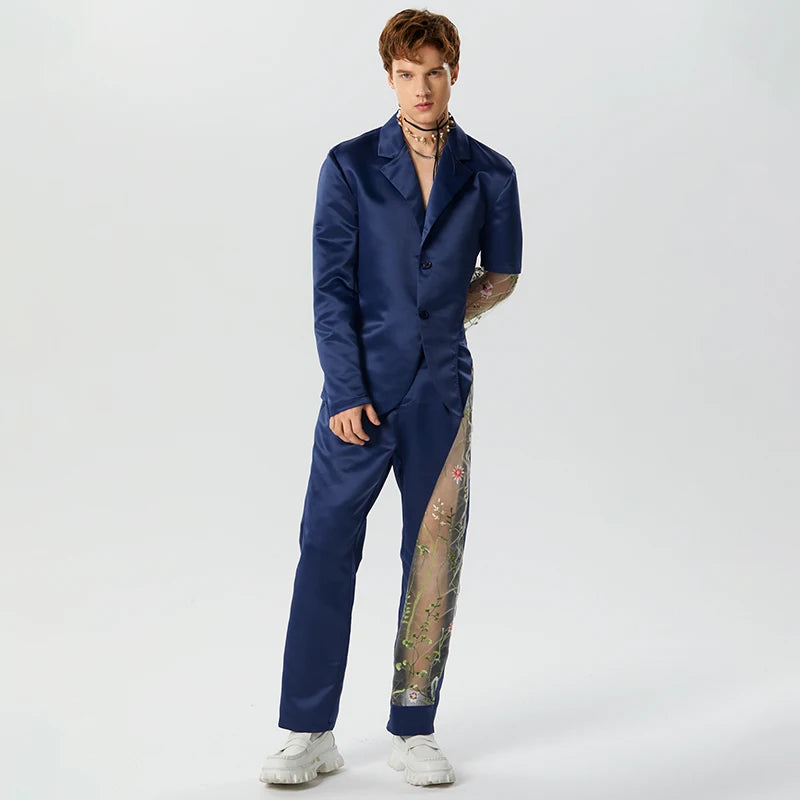 2023 Fashion Men Sets Embroidery Mesh Patchwork Lapel Long Sleeve Blazer & Pants 2PCS Streetwear Men Casual Suits S-5XL INCERUN