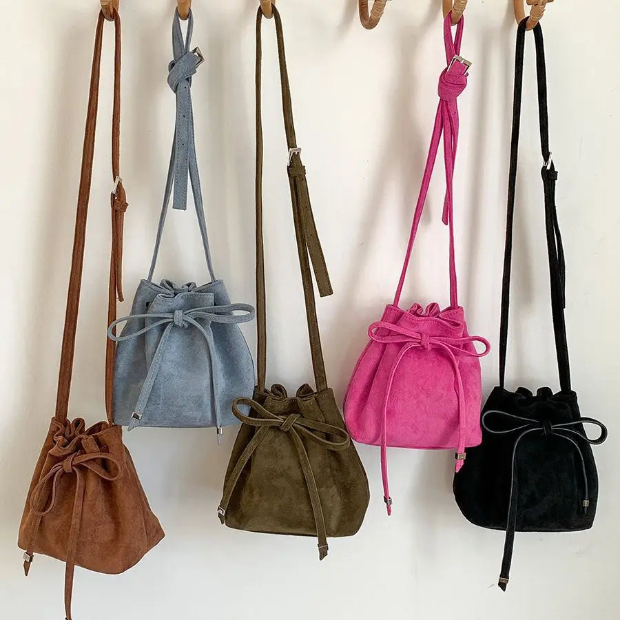 Bolso de cubo de gamuza sintética de moda, bolso de hombro de alta calidad, bolsos cruzados de diseñador para mujeres, bolsos con cordón plisado, bolsos elegantes