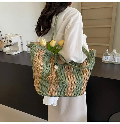 Bolso tejido de paja estilo vacaciones de verano, gran capacidad, versión coreana, tendencia occidental, bolso de hombro, bolso de mano de viaje de moda, diseñador