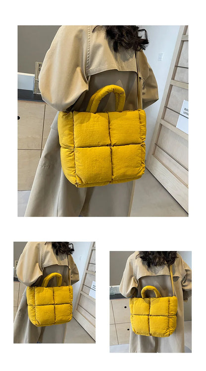 Bolso de mano acolchado suave y moderno para mujer, de diseñador, ligero, de nailon y algodón, tipo bandolera, cálido para invierno