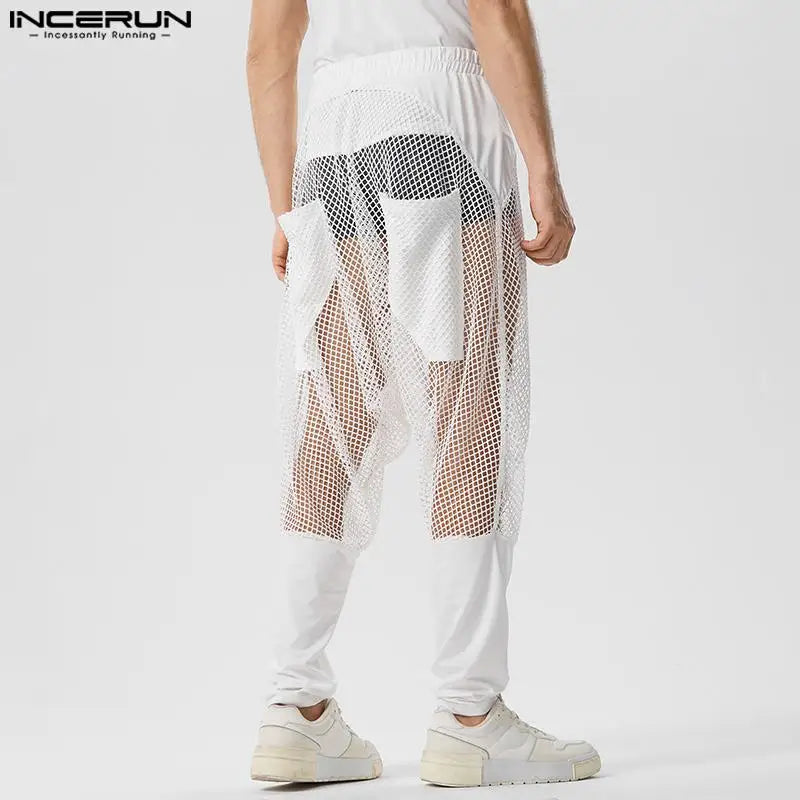 Pantalones nuevos para hombre con estilo sexy INCERUN 2024, pantalones de malla transparente con parches, pantalones elásticos con perspectiva informal, tallas S-5XL