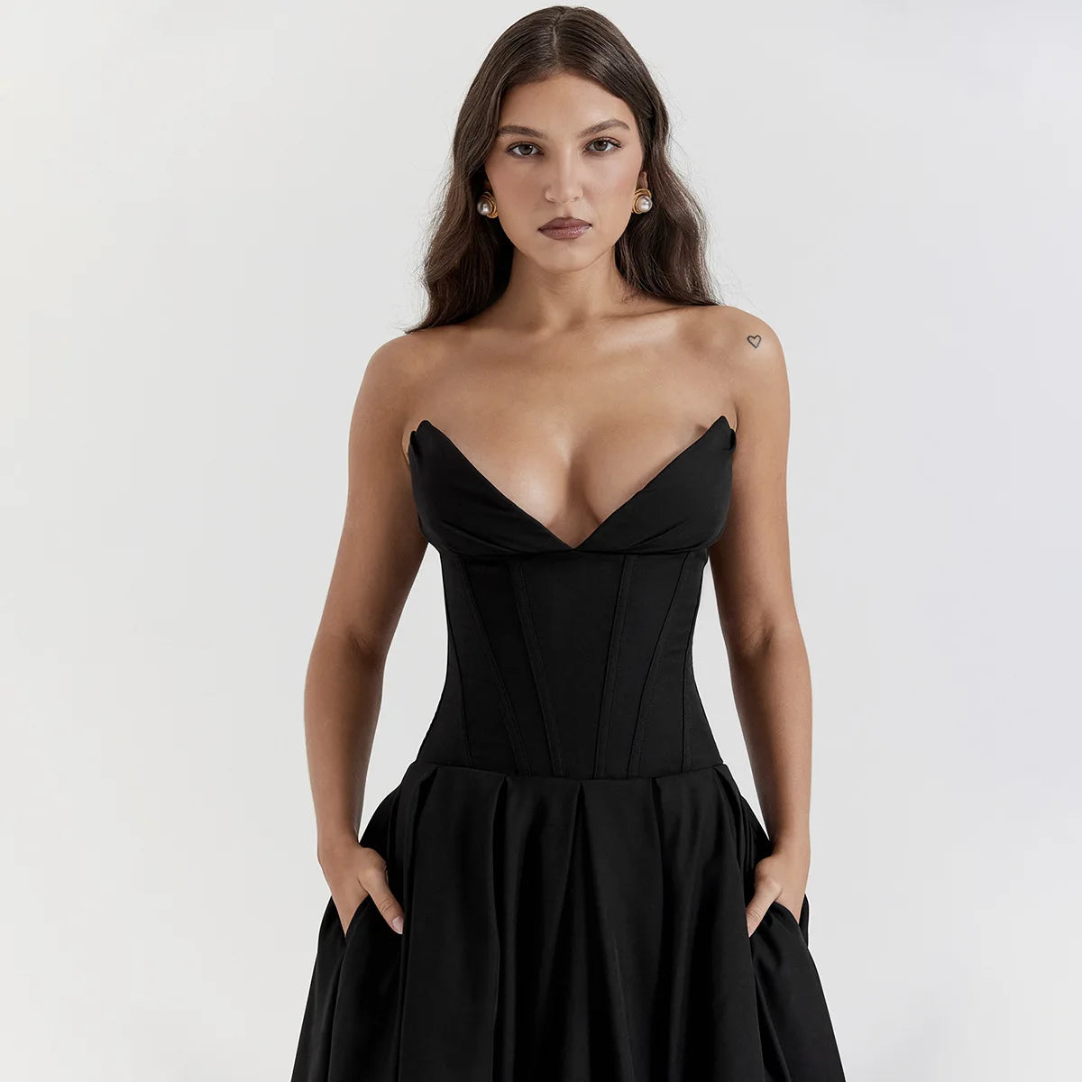 Suninheart - Vestido elegante negro para bodas y eventos, vestido sexy sin tirantes con corsé, vestidos de fiesta de Navidad a media pierna para mujer, ropa 2023