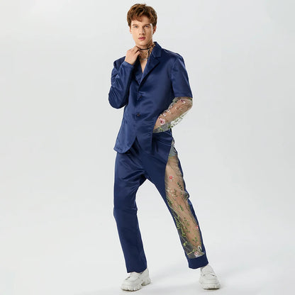 2023 Fashion Men Sets Embroidery Mesh Patchwork Lapel Long Sleeve Blazer & Pants 2PCS Streetwear Men Casual Suits S-5XL INCERUN