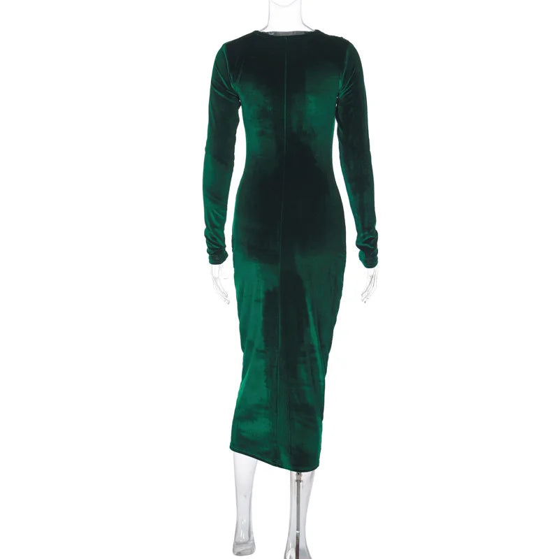 Dulzura 2024 Spring Summer Velvet Long Sleeve Midi Dress For Women Ruched Long Dress Elegant Party Clothes Evening Green Outfits