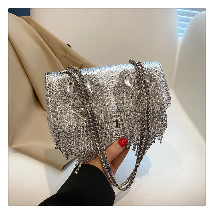 Evening Small Square Bags for Women 2023 Fashion Diamond Tassel Handbag Leather Chain Luxury Party Sparkle Shoulder Bag Woman