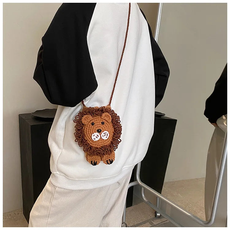 Cute Little Lion Bag For Girls Women's Funny Mobile Phone Coin Purse Winter Knitting Shoulder Crossbody Bag