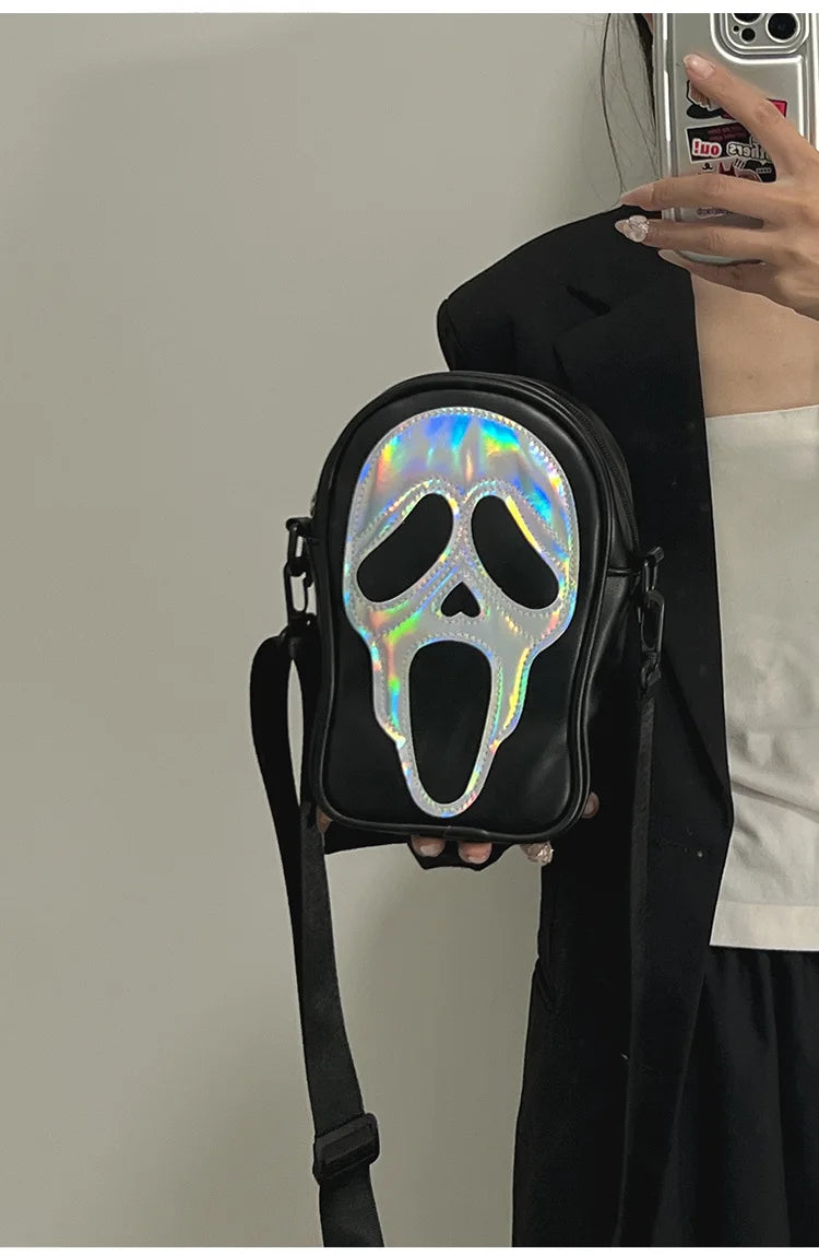 Bolso bandolera para hombre y mujer, estilo coreano, divertido bolso de hombro con calavera fantasma láser, bolso pequeño suave para teléfono móvil